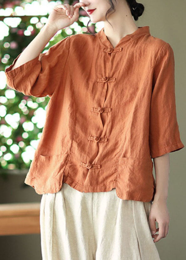 Orange Patchwork Linen Shirt Top Bracelet Sleeve