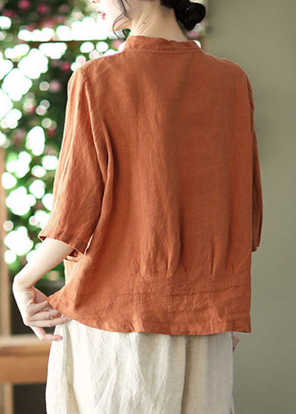 Vintage Orange Solid Patchwork Linen Shirt Top Bracelet Sleeve