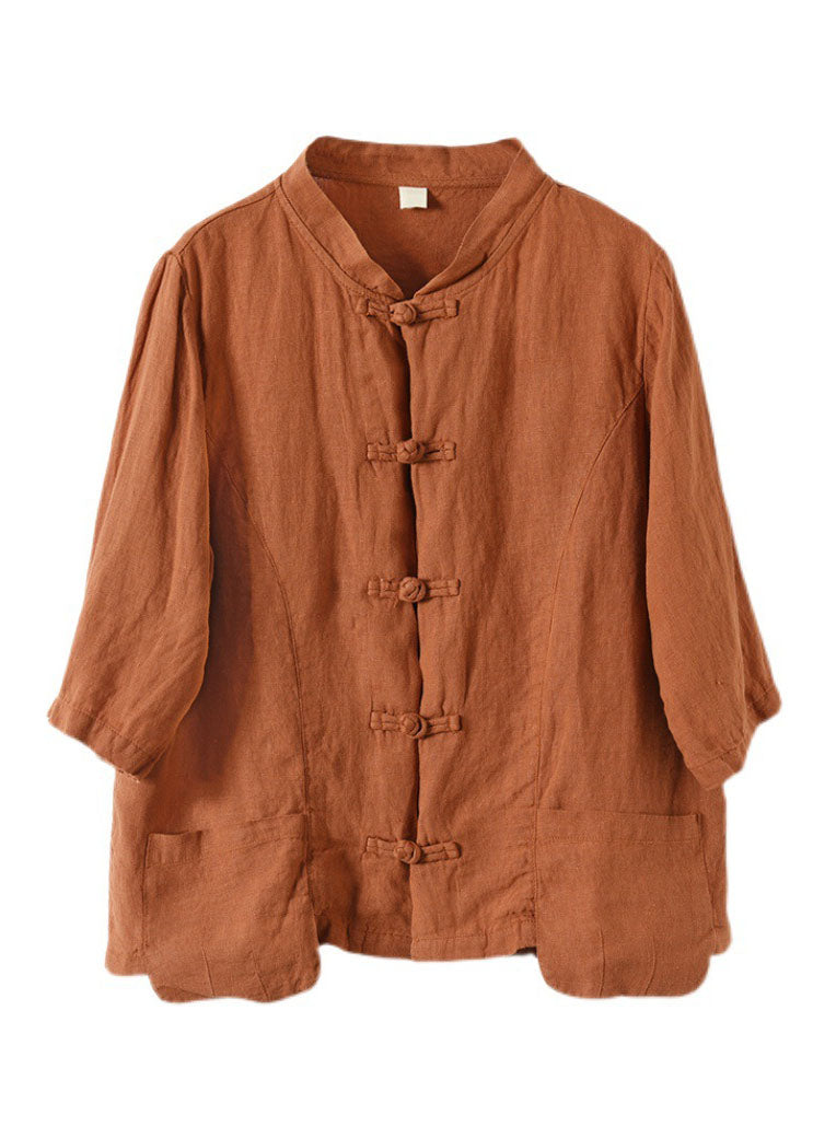 Vintage Orange Solid Patchwork Linen Shirt Top Bracelet Sleeve