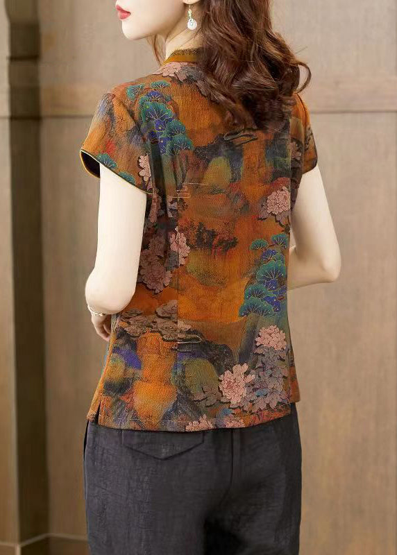Orange Stand Collar Print Button Silk T Shirts Summer
