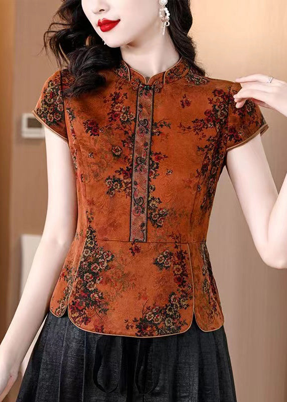 Orange Stand Collar Print Silk Shirts Summer