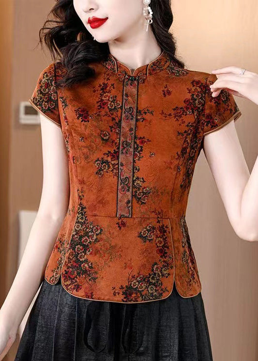 Orange Stand Collar Print Silk Shirts Summer