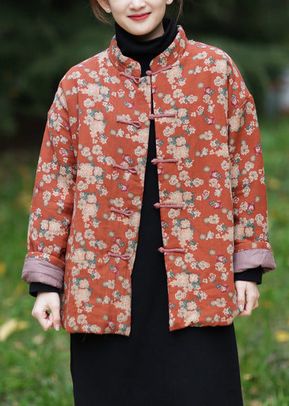 Orange Stand Collar Print Warm Fleece Parka Winter