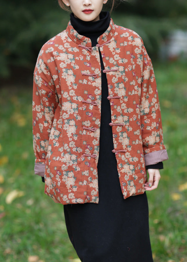 Orange Stand Collar Print Warm Fleece Parka Winter