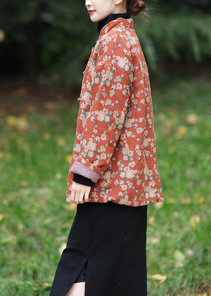 Orange Stand Collar Print Warm Fleece Parka Winter