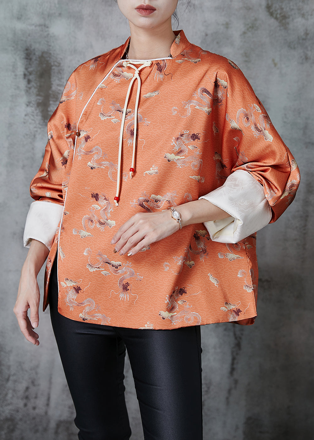 Orange Tasseled Print Side Open Silk Oriental Coats Spring