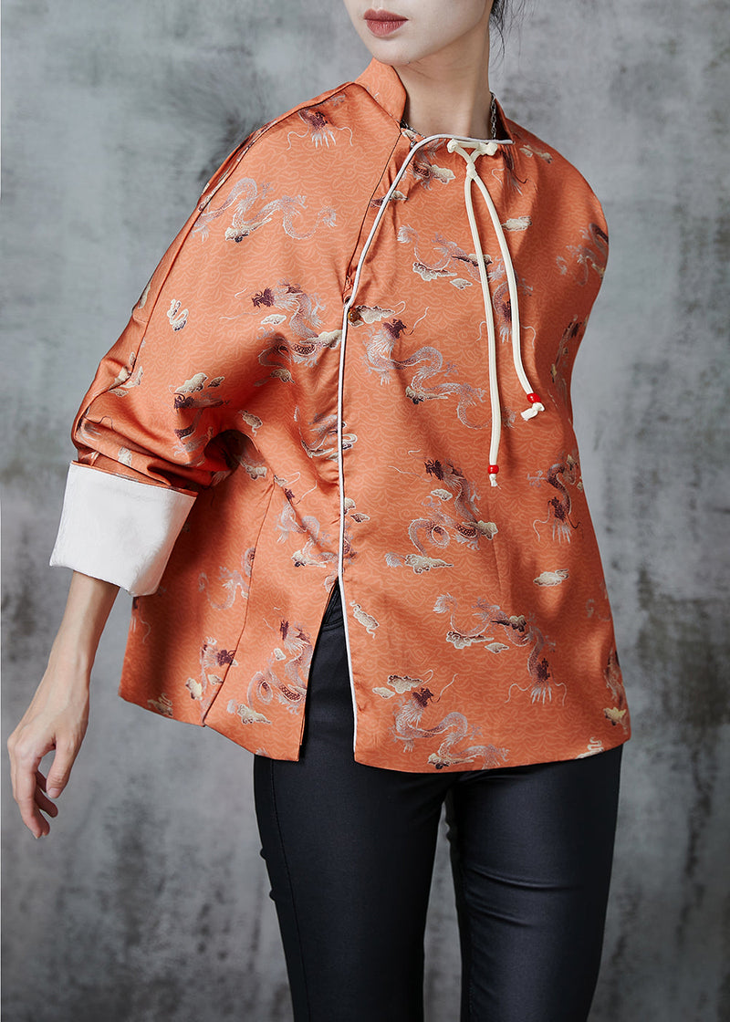 Orange Tasseled Print Side Open Silk Oriental Coats Spring