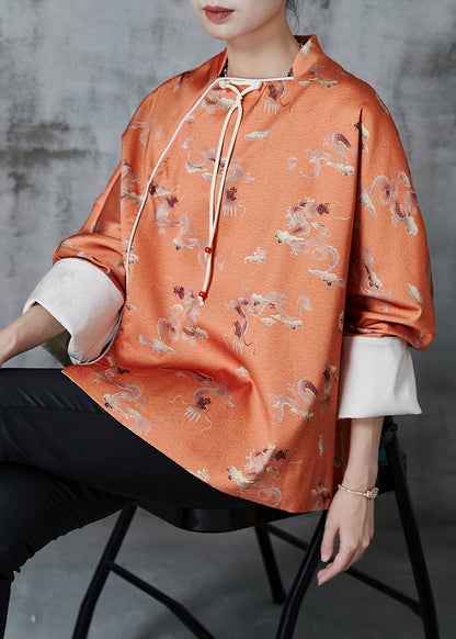 Orange Tasseled Print Side Open Silk Oriental Coats Spring