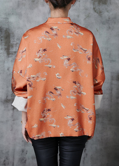 Orange Tasseled Print Side Open Silk Oriental Coats Spring