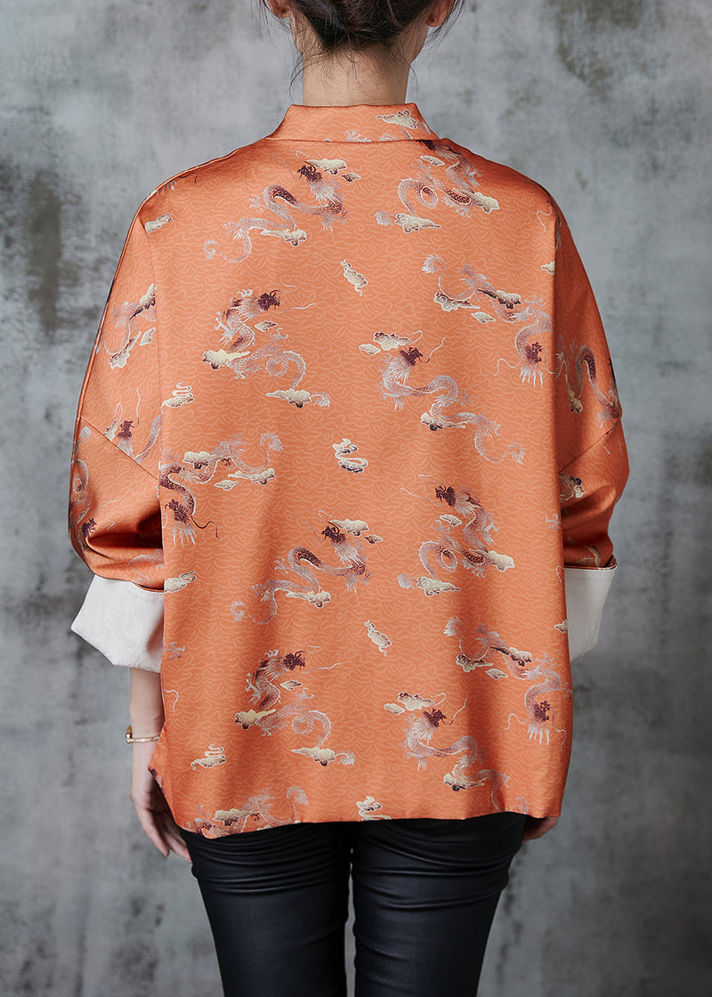 Orange Tasseled Print Side Open Silk Oriental Coats Spring