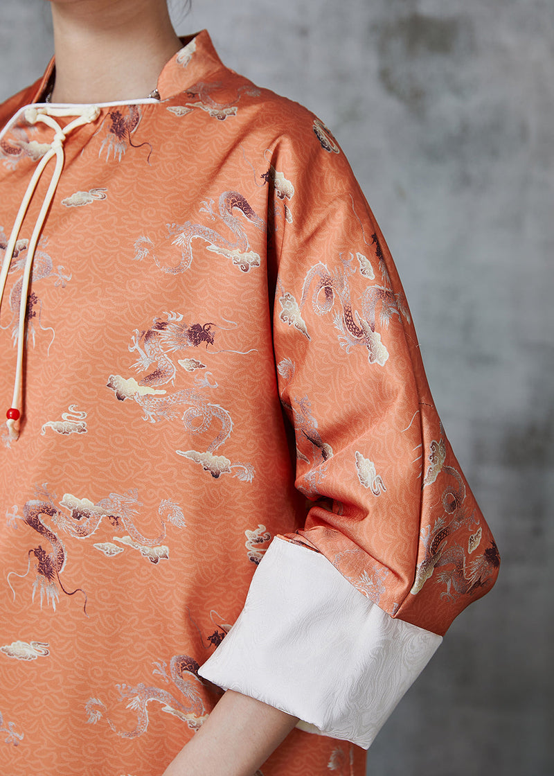Orange Tasseled Print Side Open Silk Oriental Coats Spring