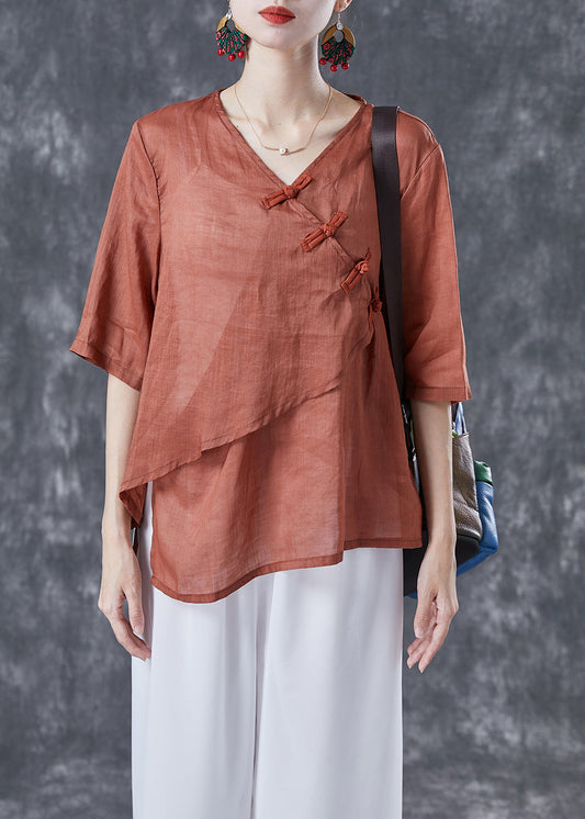 Orange V Neck Chinese Button Linen Shirt Top Summer