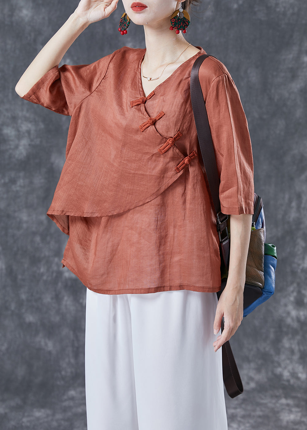 Orange V Neck Chinese Button Linen Shirt Top Summer