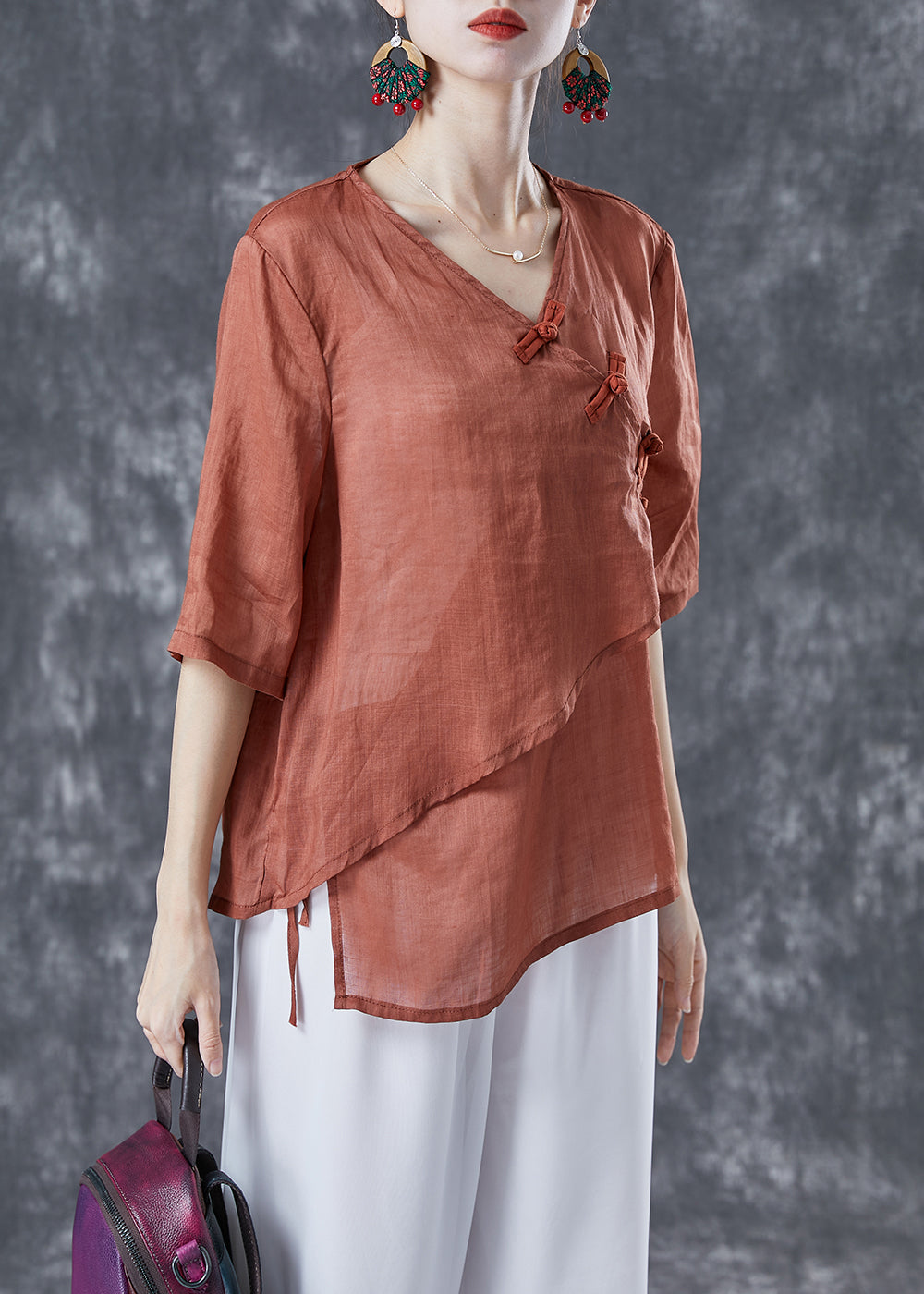 Orange V Neck Chinese Button Linen Shirt Top Summer