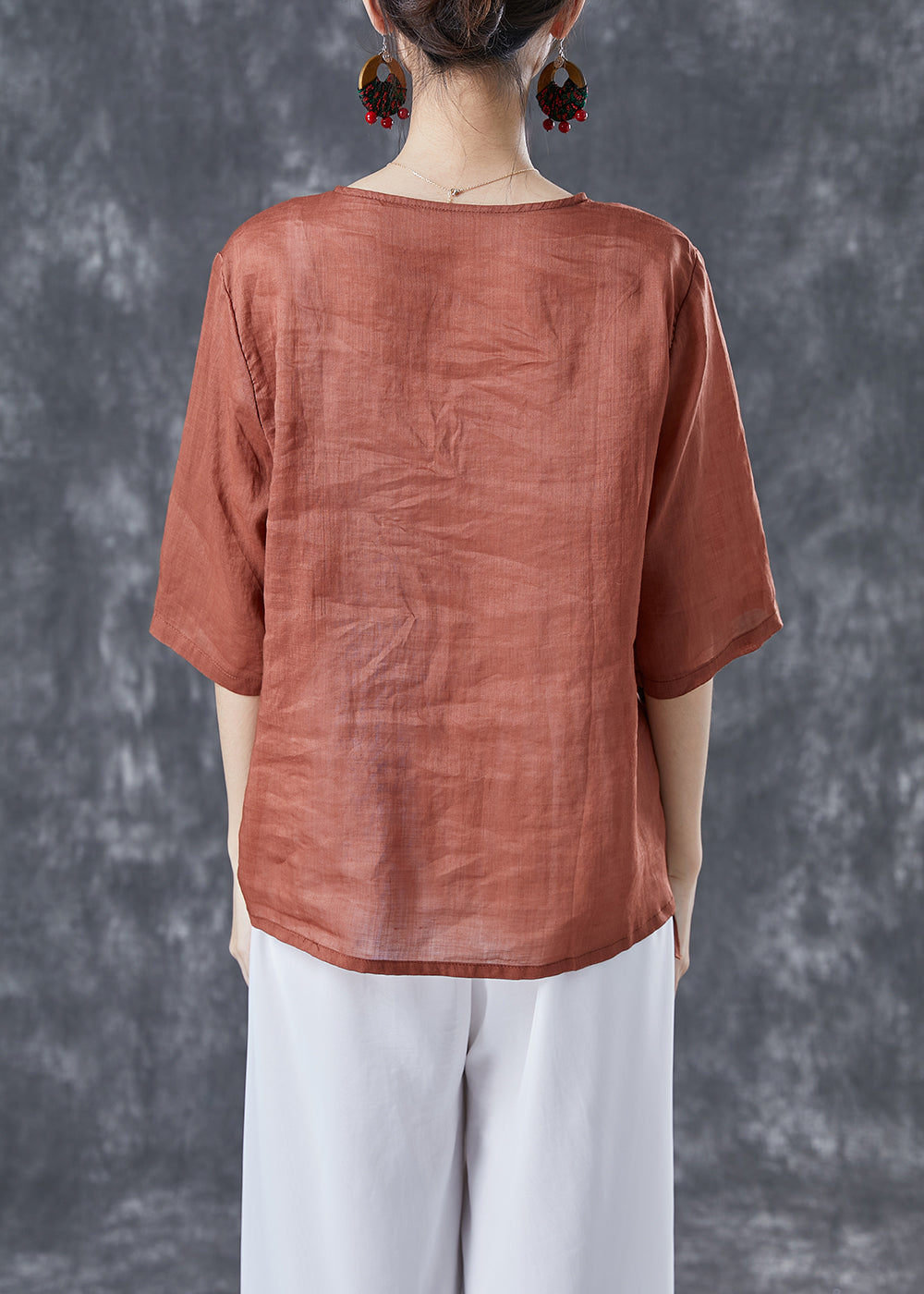 Orange V Neck Chinese Button Linen Shirt Top Summer