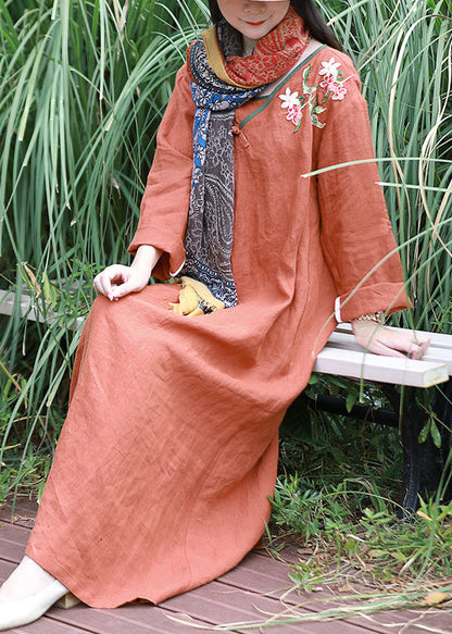 Orange V Neck Embroidery Linen Dress Long Sleeve