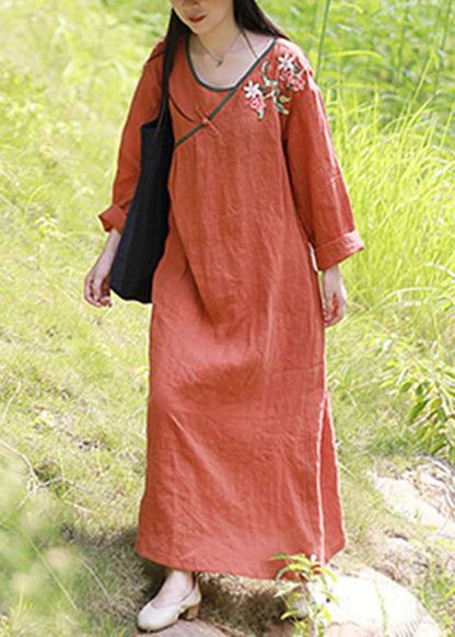 Orange V Neck Embroidery Linen Dress Long Sleeve