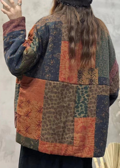 Orange V Neck Pockets Patchwork Fine Cotton Filled Jackets Winter