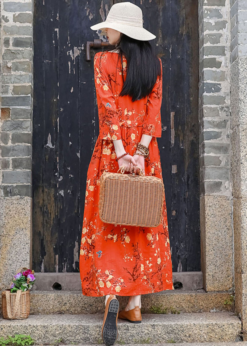Orange V Neck Print Cotton Linen Party Dress Bracelet Sleeve