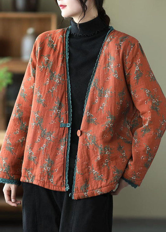 Orange V Neck Print Fine Cotton Filled Cardigan Winter