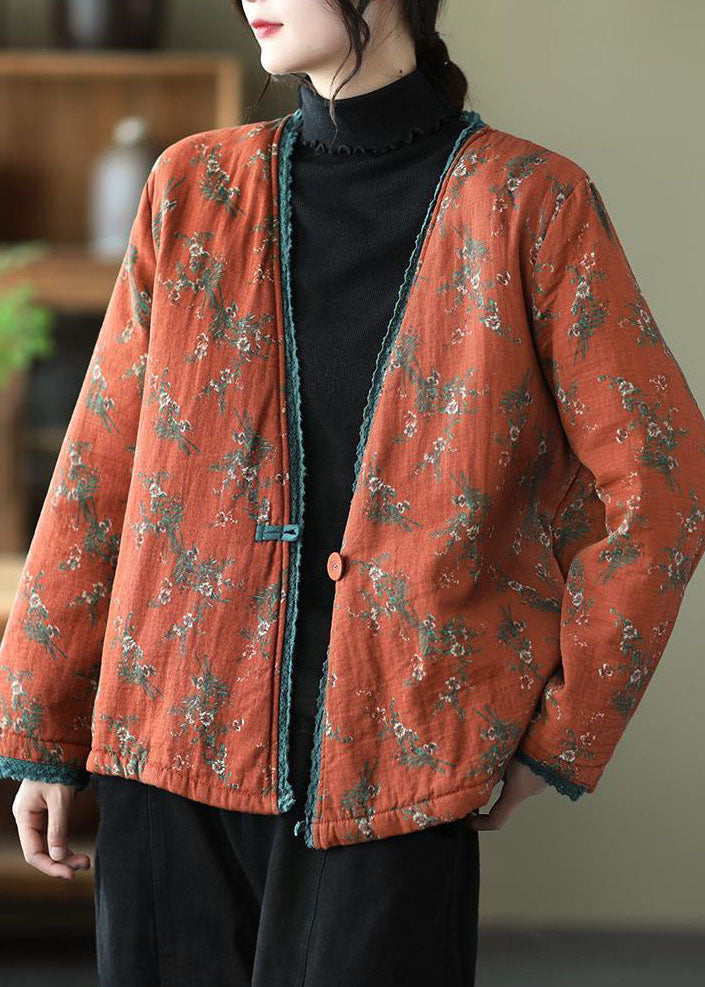 Orange V Neck Print Fine Cotton Filled Cardigan Winter