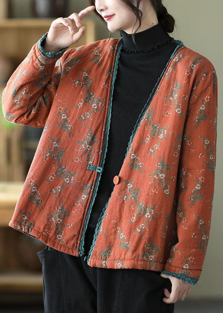 Orange V Neck Print Fine Cotton Filled Cardigan Winter