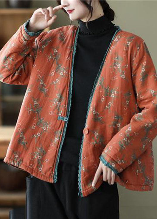 Orange V Neck Print Fine Cotton Filled Cardigan Winter