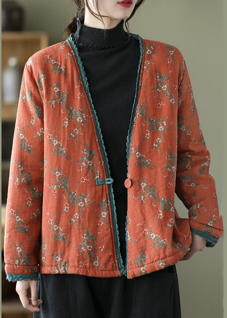 Orange V Neck Print Fine Cotton Filled Cardigan Winter