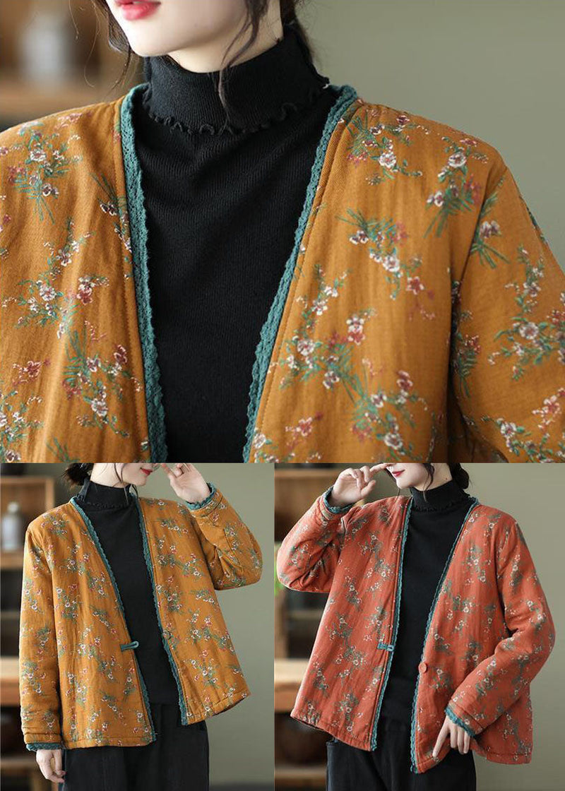 Orange V Neck Print Fine Cotton Filled Cardigan Winter