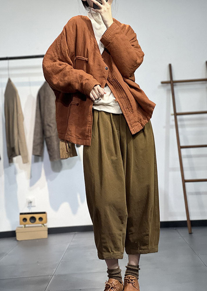 Orange V Neck Wrinkled Fine Cotton Filled Winter Coats