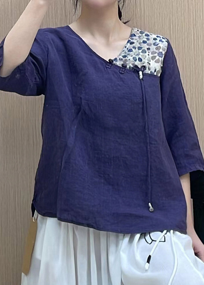 Orange V Neck Asymmetrical Design Print Linen Top Three Quarter Sleeve