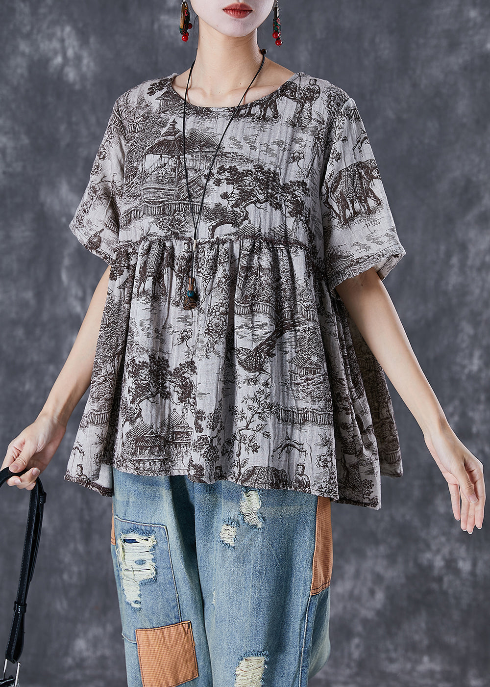 Oversized Inkwash Painting Print Linen Shirt Tops Summer