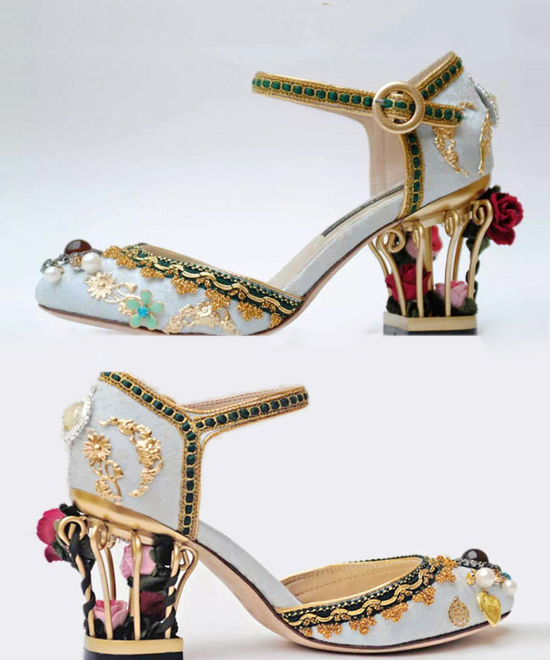 Palace Feng Zircon Flower Black Buckle Strap High Heels