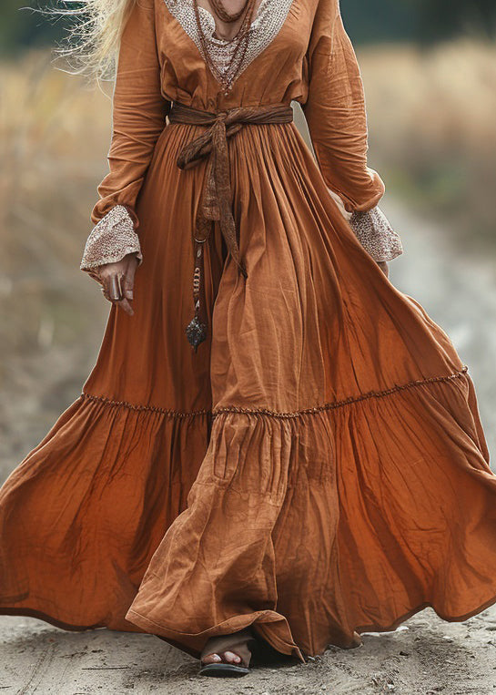 Pastoral Style V-neck Lace Patchwork Long Dress Spring