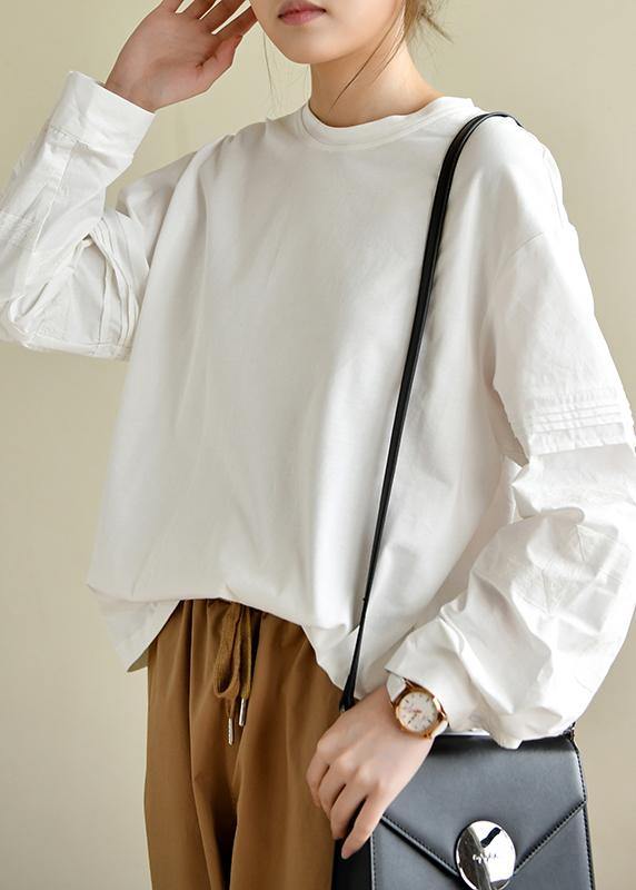 Patchworkwhite Long Sleeve Tops Cotton