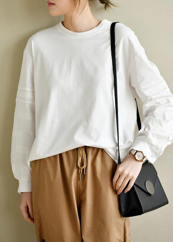Vintage PatchworkWhite Long Sleeve Tops Cotton