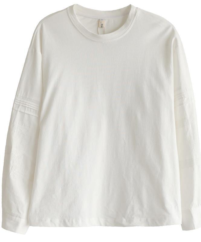Vintage PatchworkWhite Long Sleeve Tops Cotton
