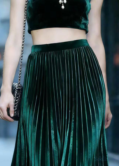 Peacock Green Exra Large Hem Draping Silk Velvet Pleated Skirt Spring