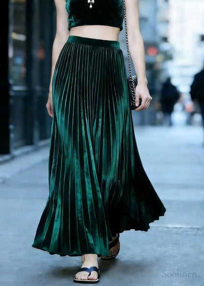 Peacock Green Exra Large Hem Draping Silk Velvet Pleated Skirt Spring