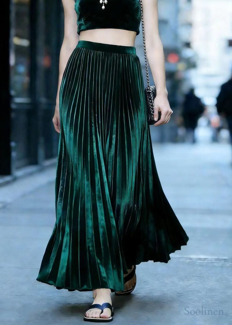 Peacock Green Exra Large Hem Draping Silk Velvet Pleated Skirt Spring