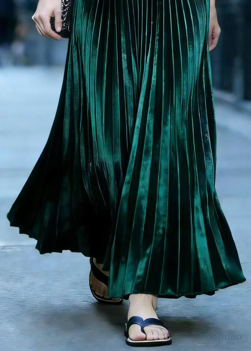 Peacock Green Exra Large Hem Draping Silk Velvet Pleated Skirt Spring