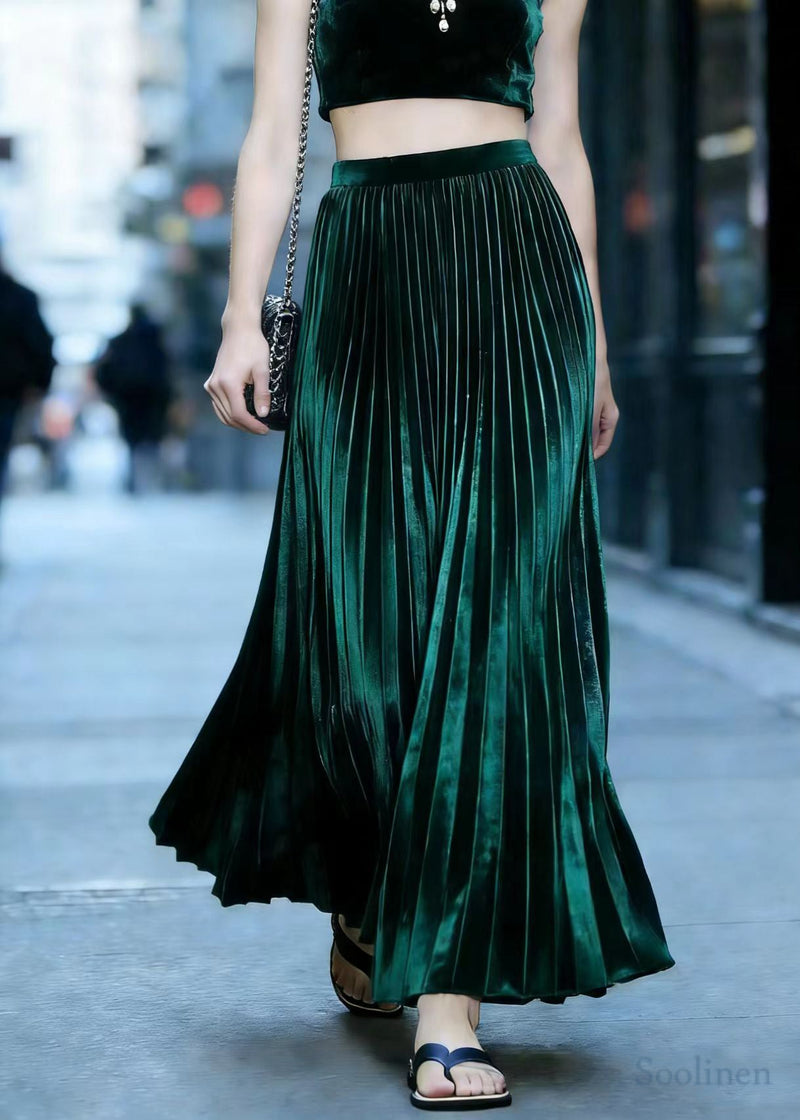 Peacock Green Exra Large Hem Draping Silk Velvet Pleated Skirt Spring
