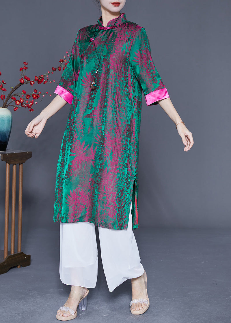 Peacock Green Print Side Open Silk Dress Summer