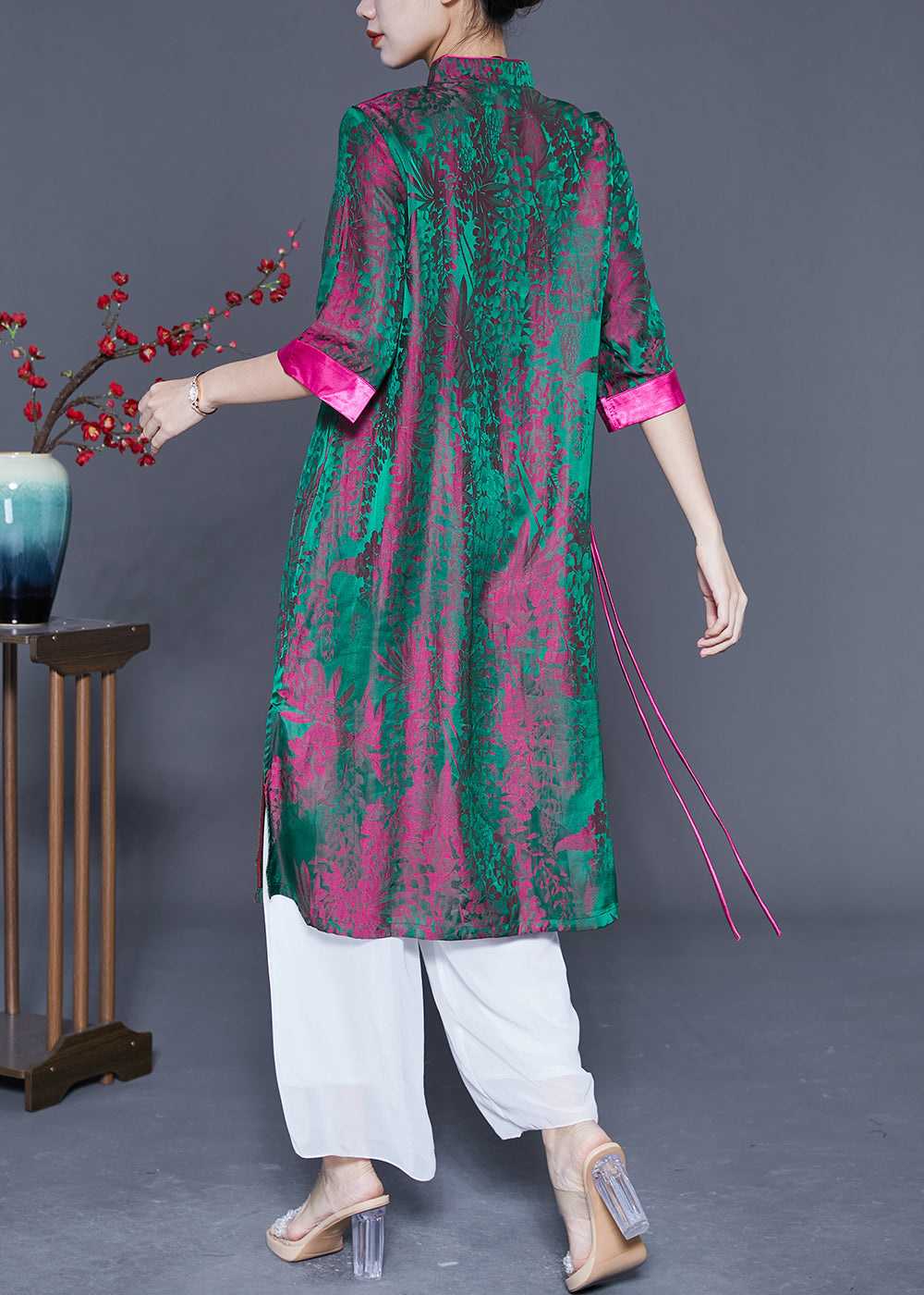 Peacock Green Print Side Open Silk Dress Summer