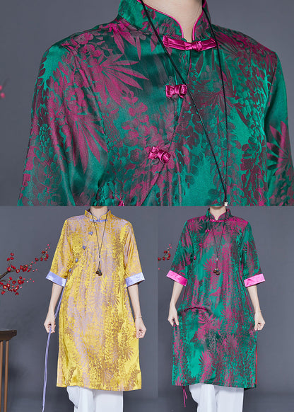 Peacock Green Print Side Open Silk Dress Summer