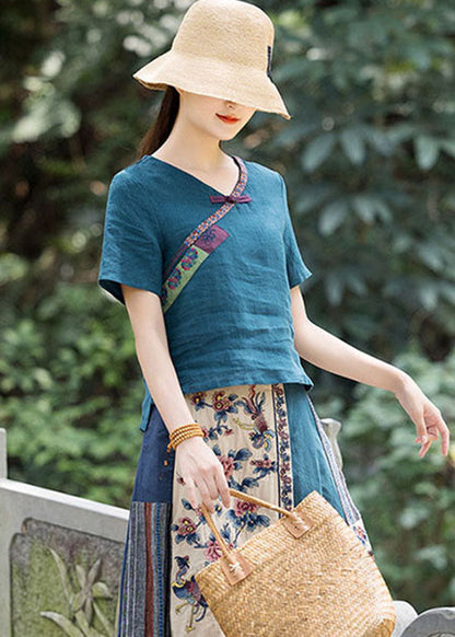 Peacock Blue Button V Neck Embroideried Linen Shirt Top Spring