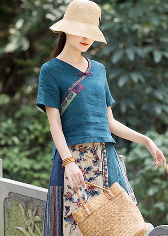 Peacock Blue Button V Neck Embroideried Linen Shirt Top Spring