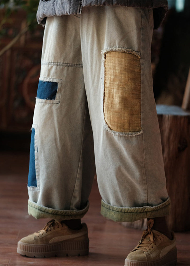 Photo Color Pockets Patchwork Thick Denim Crop Pants Spring
