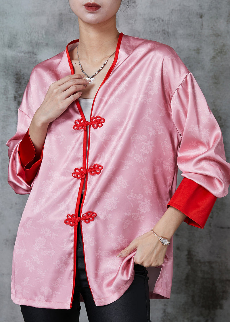 Pink Chinese Button Print Silk Blouse Tops Spring