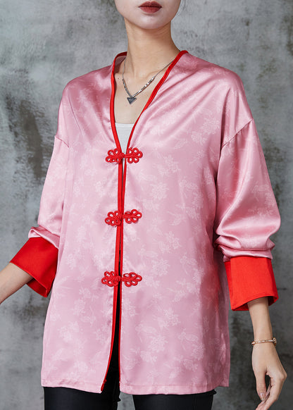 Vintage Pink Chinese Button Print Silk Blouse Tops Spring